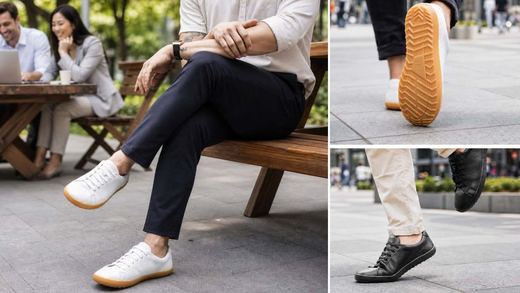 White Birchbury Bramford sneakers worn with navy trousers at an outdoor table, plus a black pair and a view of the sole